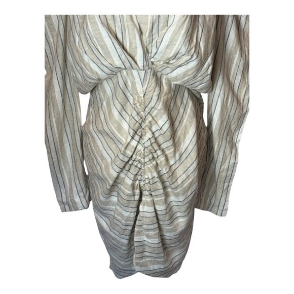 Ronny Kobo Dress Women Large Ivory Tan Striped Linen Blend Puff Sleeve Joslyn - Picture 8 of 15